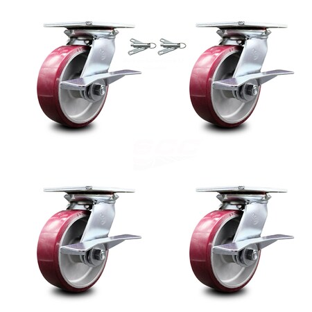 Service Caster 6 Inch Poly on Aluminum Caster Set with Roller Bearing 4 Brake and 2 Swivel Lock SCC-35S620-PAR-SLB-BSL-2-SLB-2